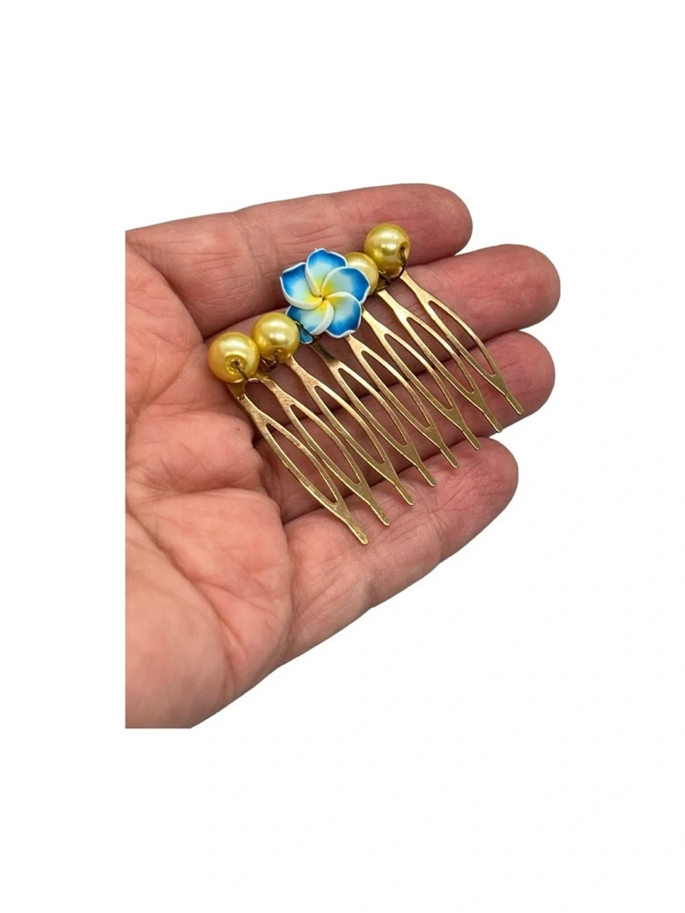Gold Floral Hair Comb with Blue Plumeria Accent